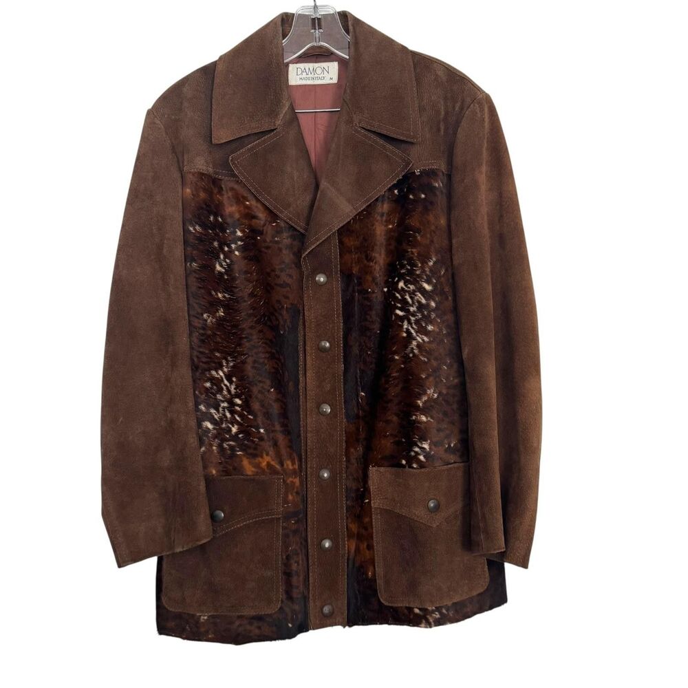 Vintage Damon Mens Medium Brown‎ Suede Leather Animal Print Fur Made Italy